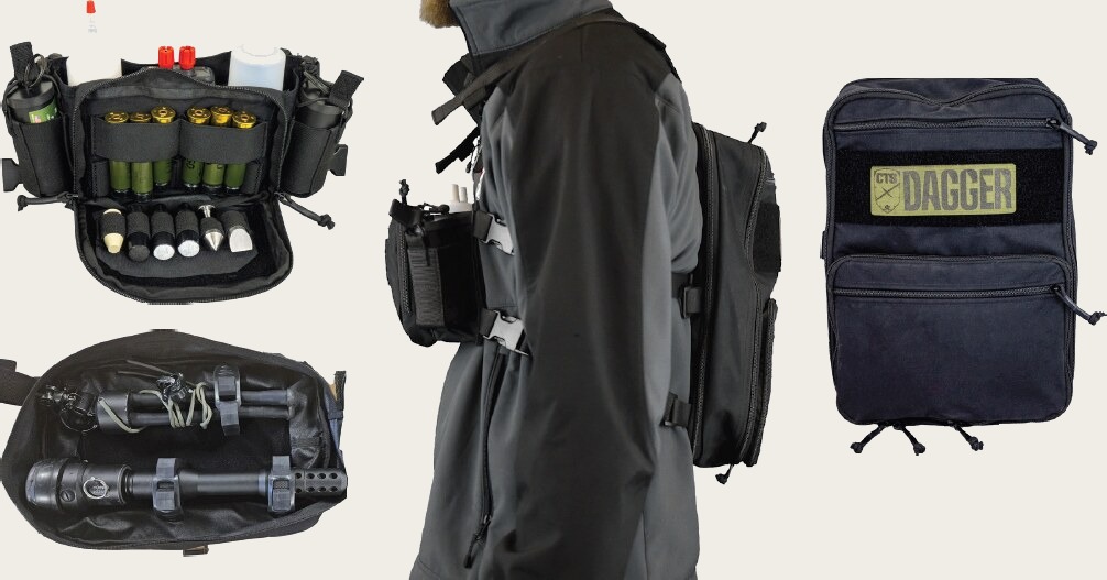 Tactical chest rig loaded with cartridges and projectiles, backpack worn on an operator, and the Dagger backpack front panel