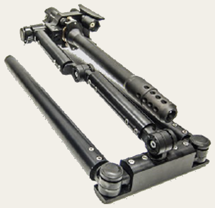 Scabbard Stand with the disrupter barrel mounted, quick-release and push-swivel articulations folded down to the collapsed transport length