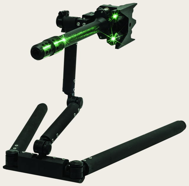 Lance Disrupter, a single-barrel disrupter mounted on the Scabbard Stand with the green Zero Convergence laser aiming system active