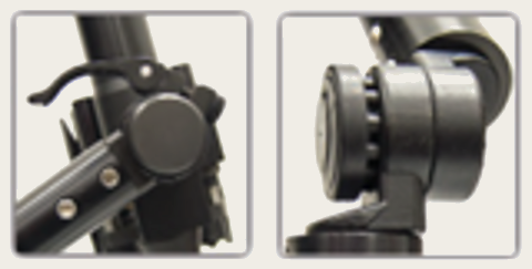 Close views of the Scabbard Stand quick-release lever and push-swivel joint