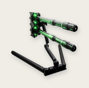 Twin Lance Disrupter, a double-barrelled disrupter mounted on the Scabbard Stand with the Zero-Convergence laser aiming system fitted